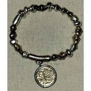 Chico's Gold & Silver Tone Faux Ancient Coin Charm Beaded Stretch Bracelet